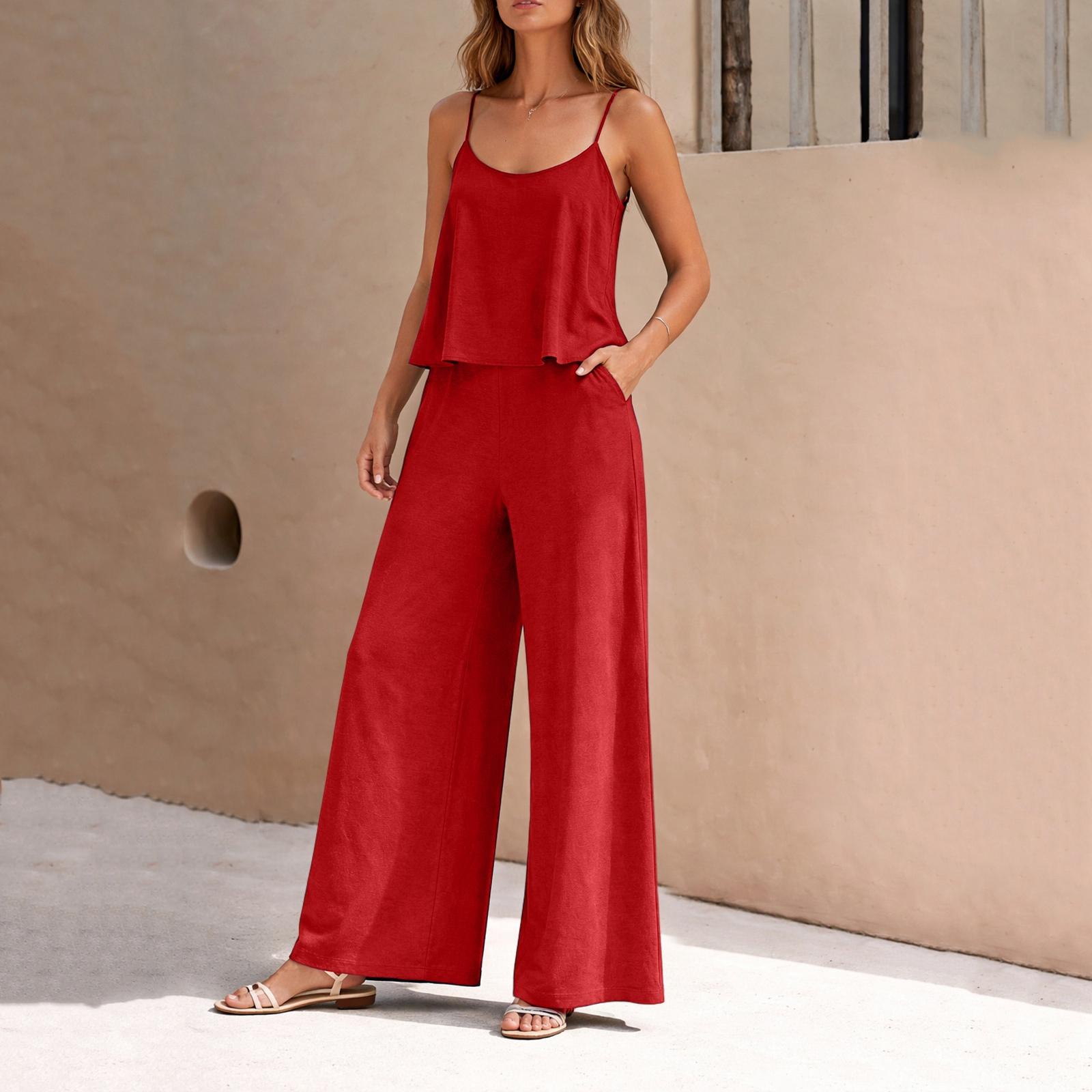 

Women s Fashion Casual -Color Elegant Two-Piece Crewneck Vest Wide Leg Pants Set L червоний