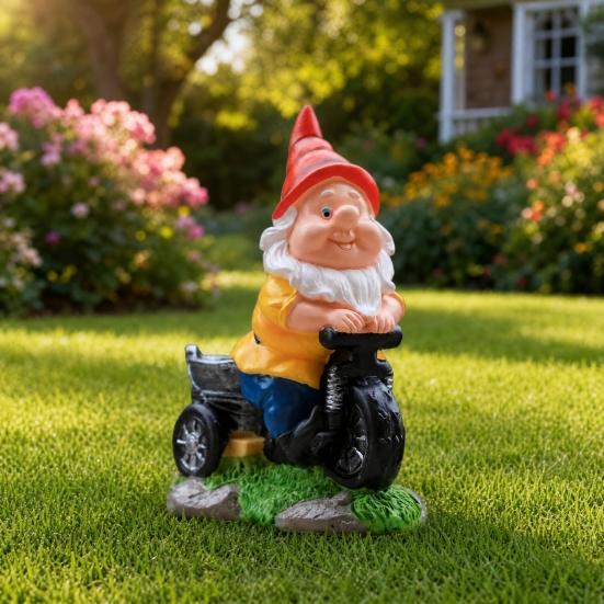 Gnom na kole Soška, s jemnou řezbou Dekorativní figurky, Jedinečná Kreativní Ozdoba pro Dům Balkon Zahrada Ložnici Kancelář