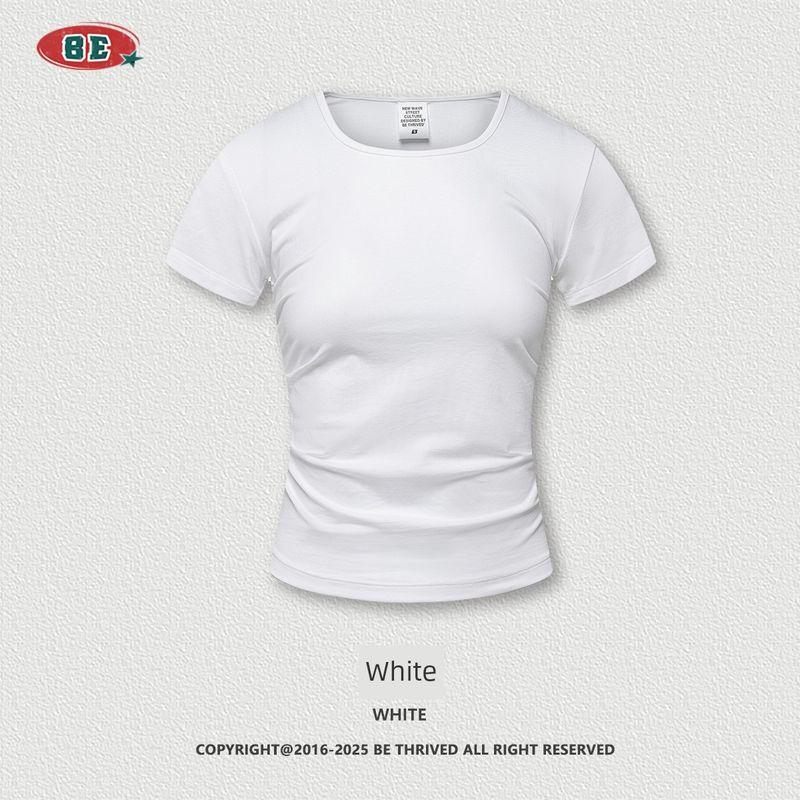 Western Style 150G Solid Square Collar Shoulder Short Sleeve T-shirt Fashion Brand Gyaru Waist Hugging Slimming Casual U Collar Top Women Fashion