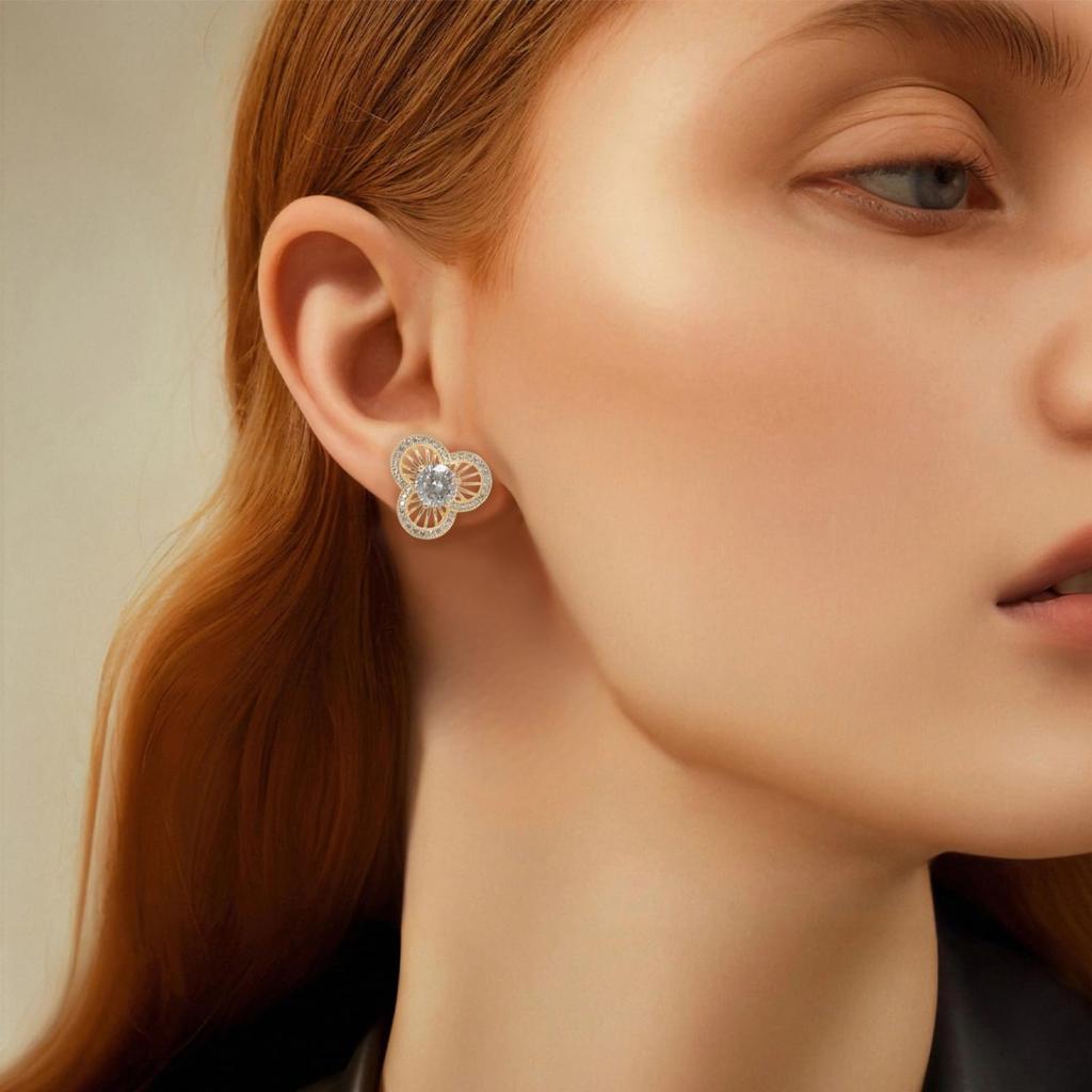 3 Petal Sweet Rhinestone Flower Studs for Women Imitation Pearl Crystal Zirconia Earrings Stylish Elegant Gold Gift Earrings,