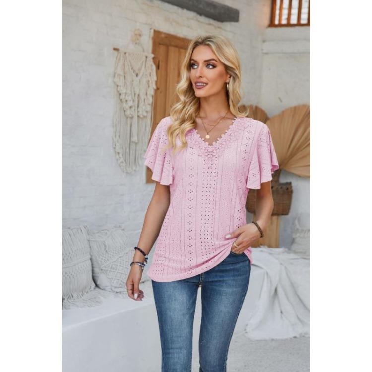 New Fashion Women's Lace V-neck Loose T-shirt Solid Color Ruffled Sleeves Spring Summer