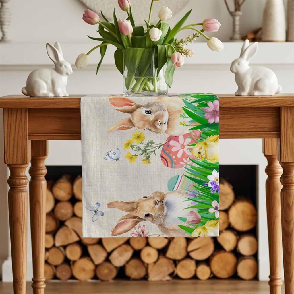 Easter Bunny Eggs Floral Grass Linen Table Runner Party Decor Spring Colorful Flowers Butterfly Table Runners Easter Decorations