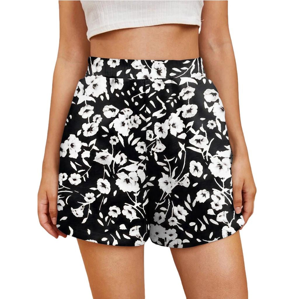 Ladies Casual Fashion High Waist Floral Elasticated Waist Shorts