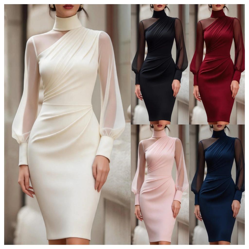 Women's European American Style Mesh Patchwork Dress High Neck Lantern Sleeve Bodycon Hip Wrap Evening Party Dinner Gown