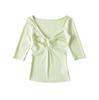 Deep V-Neck Kink Medium Sleeve T-Shirt Women's Summer New American Spice Girl Style Solid Color Slim Skinny Bottom Top
