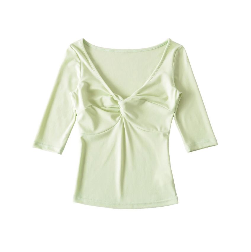 Deep V-Neck Kink Medium Sleeve T-Shirt Women's Summer New American Spice Girl Style Solid Color Slim Skinny Bottom Top
