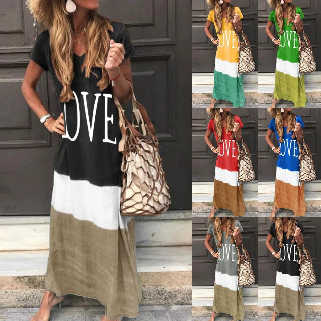 Long Dress Summer Dress Women Letter Print Patchwork Sundress Casual Loose Plus Size Sexy V Neck