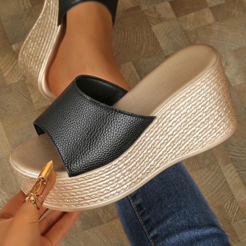 Sandalen mit Keilabsatz Hausschuhe Damen Dicke Sohle Ein Wort Schlepp Außen tragen Damen Strandschuhe