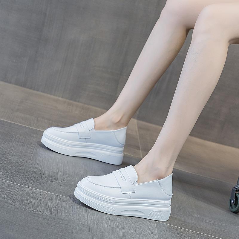 Muffin Platform White Shoes Women's Spring and Autumn Single Shoes Leather Light Lazy One Pedal Two Wear Casual Shoes