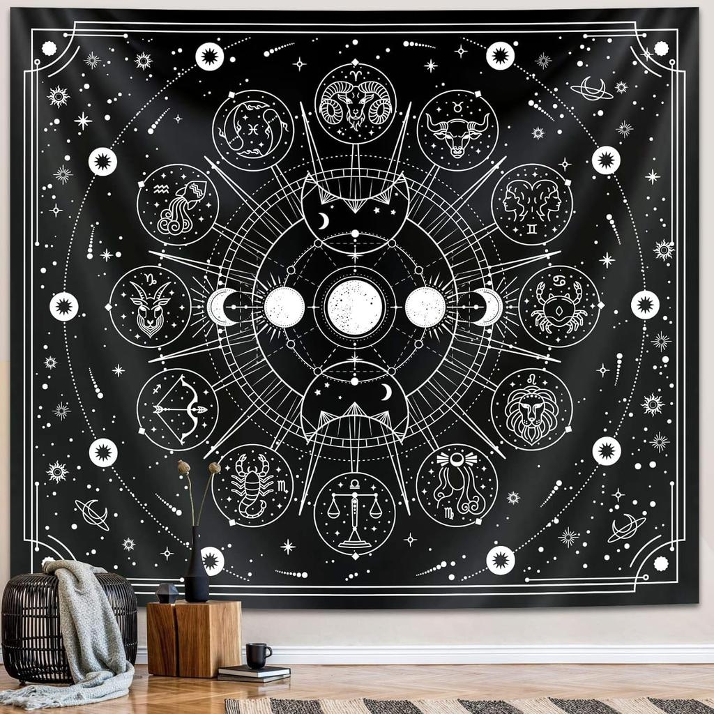 Zodiac Astrology Tapestry - Black and White Constellation Wall Hanging for Teen Girl's Bedroom, Living Room, Dorm (51x59 inches)