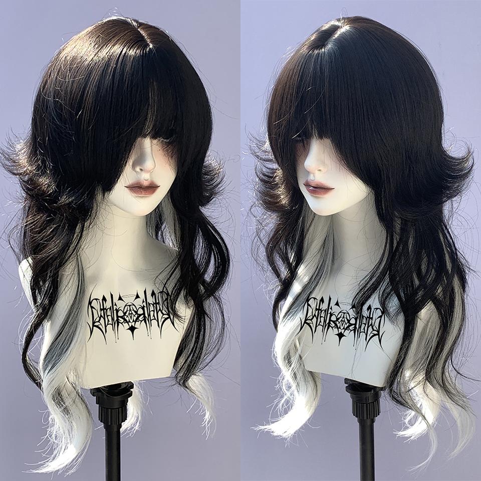WTB Color Matching Long Curly Hair Synthetic Wig Female Gothic Style Lolita Black And White Long Curly Hair Christmas Party Wig