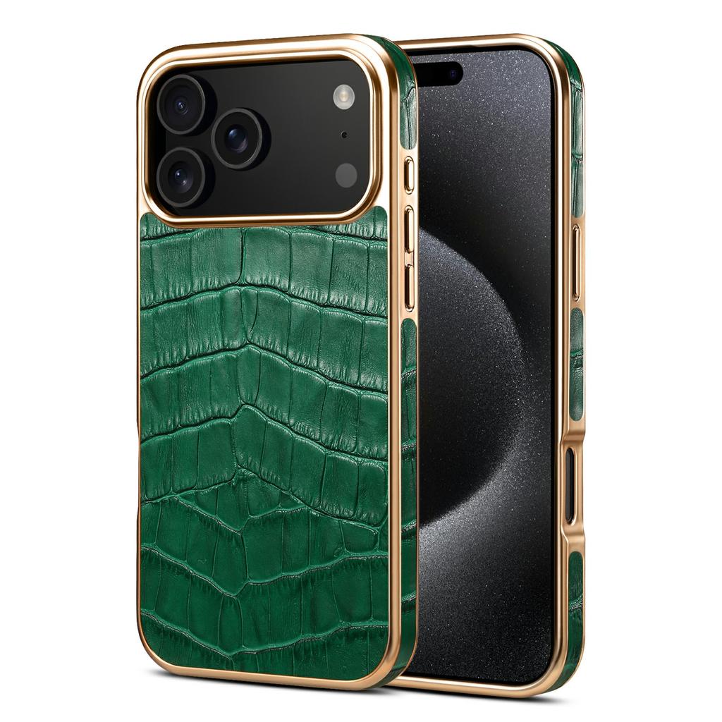 DENIOR For iPhone 17 Pro Max Case Genuine Cow Leather Crocodile Texture Electroplating Phone Cover