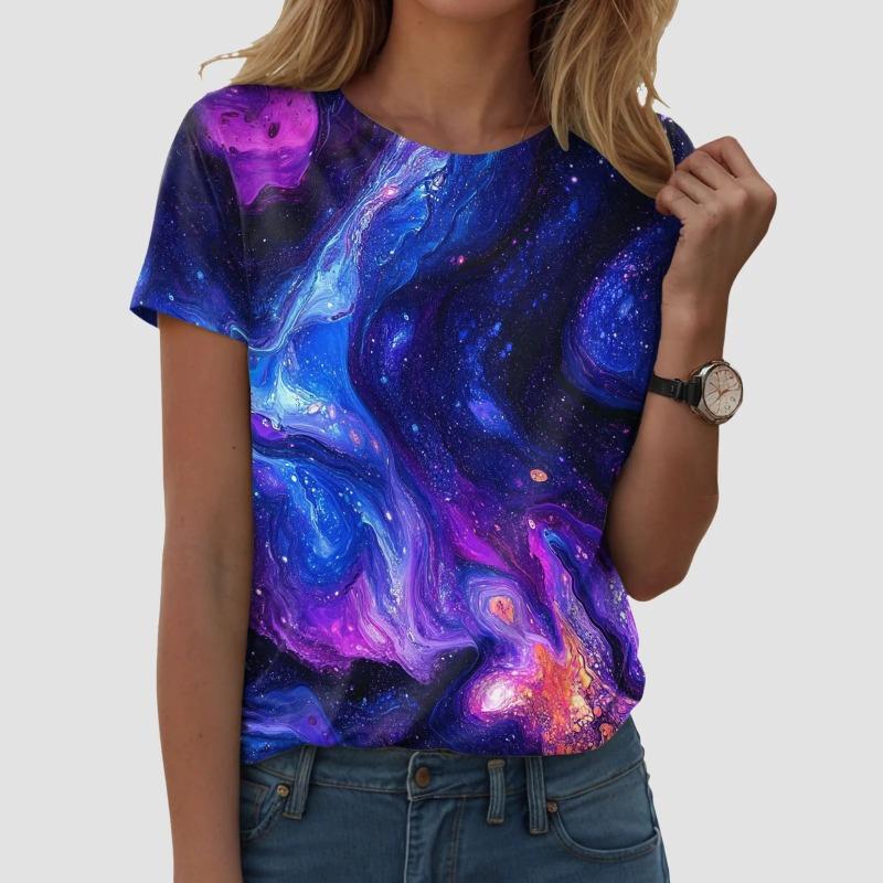 Women's Galaxy Star Print T-Shirt Round Neck Short Sleeve Casual Loose Top