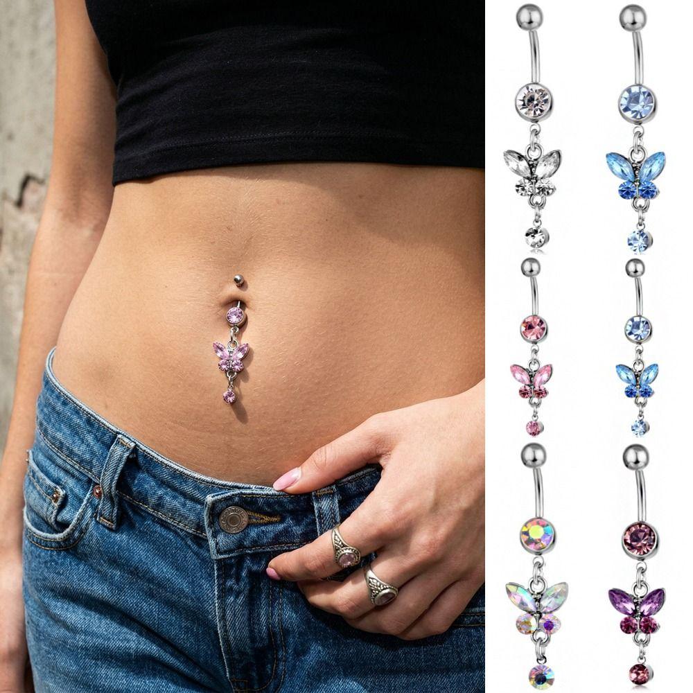 Stainless Steel Zircon Navel Ring Rhinestone Colorful Butterfly Pendants Belly Button Ring Hip Hop Piercing
