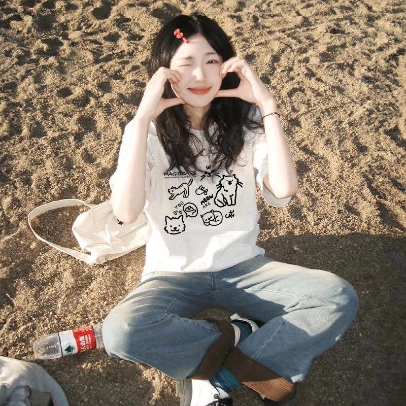 Korean Style Plus Size Cartoon Print Short Sleeve Women's Summer Loose Fit T-shirt