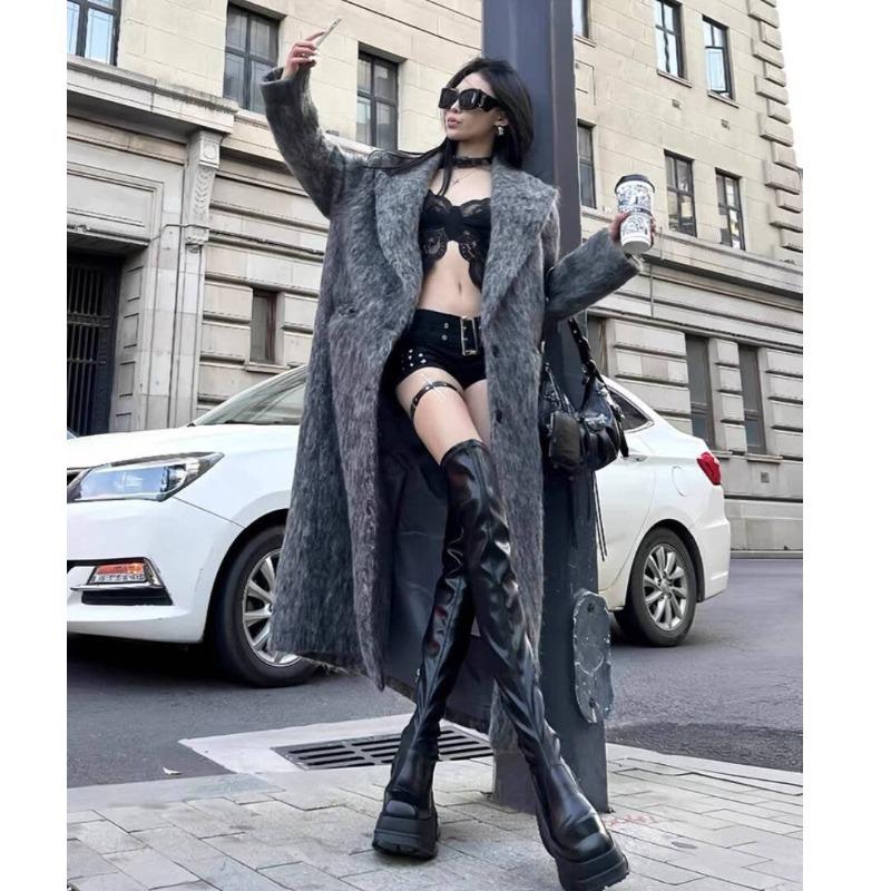 

Темпераментное Оверсайз Корейское Французское Стиль Хепберн Серое Длинное Шерстяное Уличное Пальто L серый