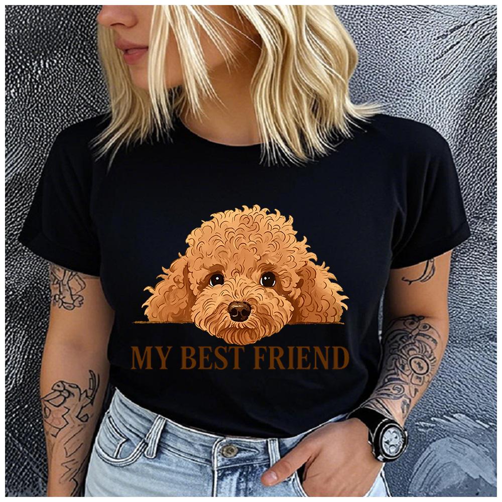 Polyester 100% Pet Lover Women Short Sleeve T-Shirt Poodle Dog My Best Friend Graphic Casual Tee