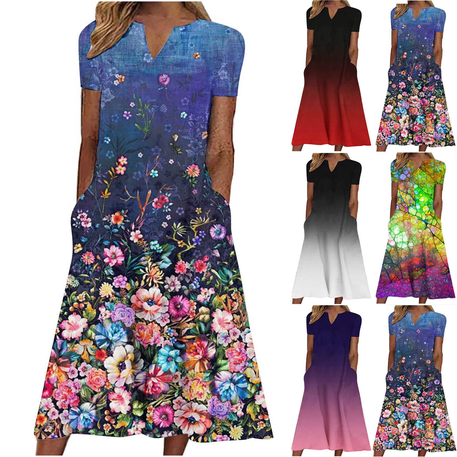 

Женское модное повседневное летнее платье с короткими рукавами и v-образным вырезом с карманом и принтом