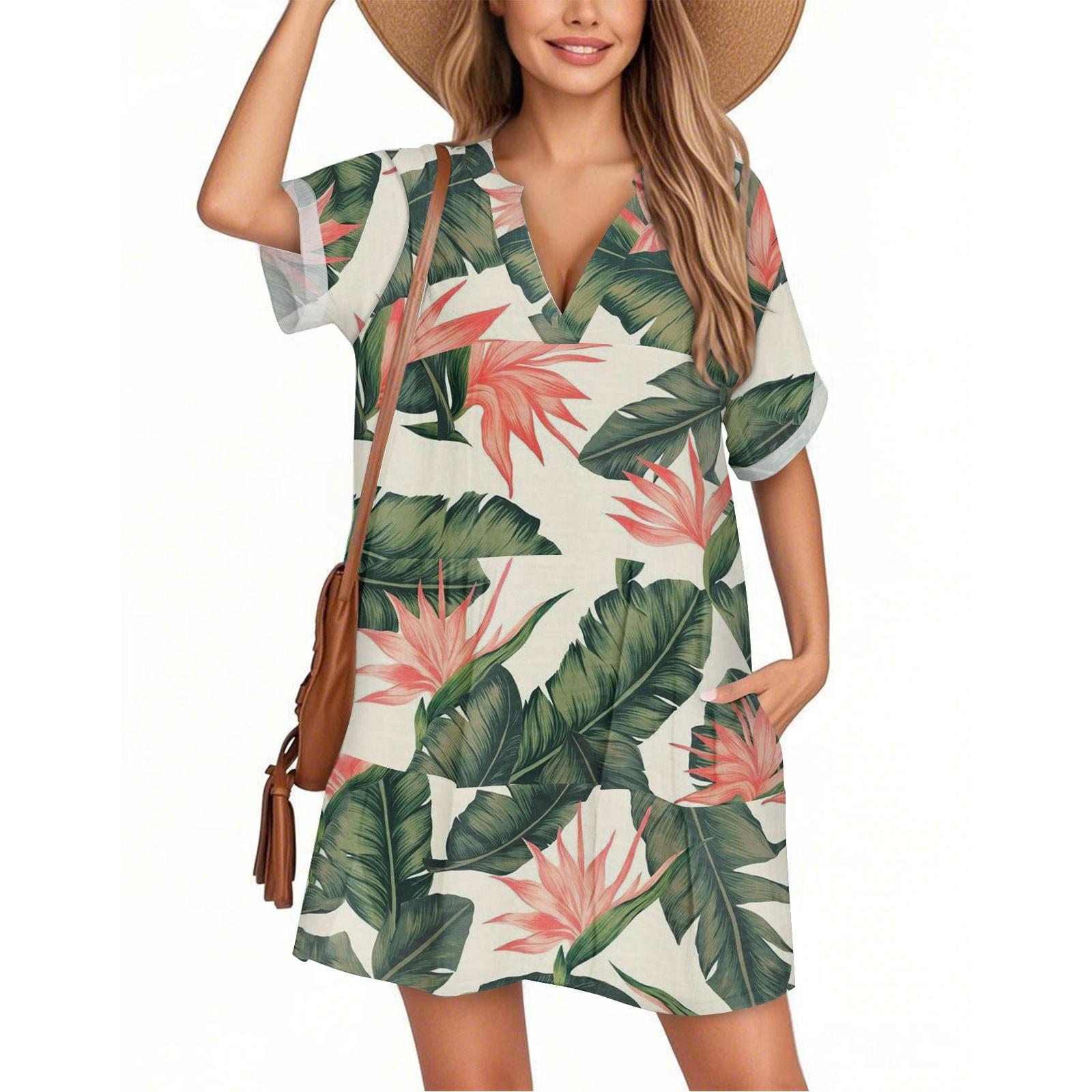 

Женское модное платье-футболка с коротким рукавом и V-образным вырезом в гавайском стиле, повседневное пляжное платье для отдыха L