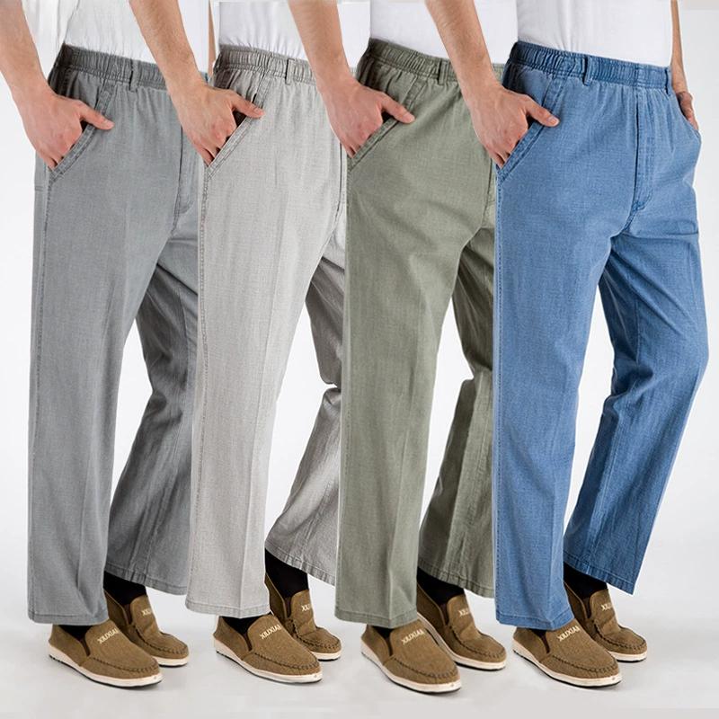 Men's Summer Thin Linen Pants, Loose High Waisted Straight Leg Casual Pants, Breathable Middle-aged and Elderly Linen Pants