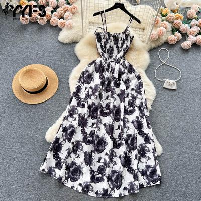 Women's Fashion Summer Spring Flower Pattern Print Sleeveless Suspenders High Waist Casual Dresses
