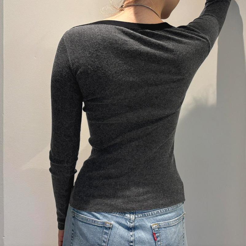 Women's Color Contrast A Line Collar Slimming Simple Spice Girl Waist All Casual Long Sleeved Blouse