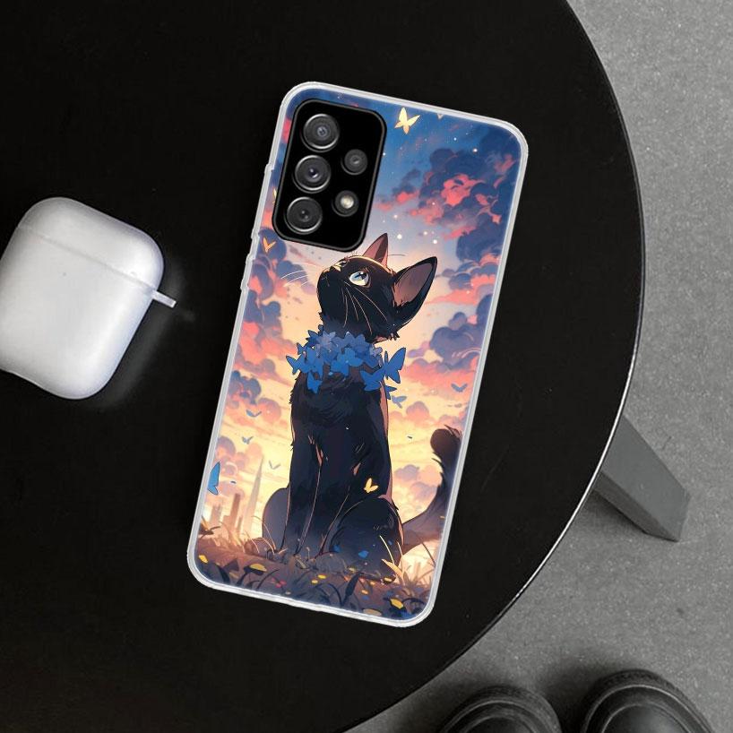 Anime Cute Black Cat Meow Phone Case for Samsung Galaxy A17 A16 A26 A36 A56 A57 A37 A15 A25 A35 A55 A14 A24 A34 A54 A13 A23 A33