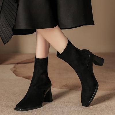 Suede Short Boots Women's New Autumn and Winter Zipper Thick Heel Martin Boots Square Head Thin Chelsea Single Boot Splicing