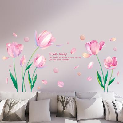 Pink Tulips Wall Decals Stickers, Self-Adhesive Flower Wallpaper for Living Room TV Background, Bedroom, Hallway, Shop Decoration, Waterproof PVC
