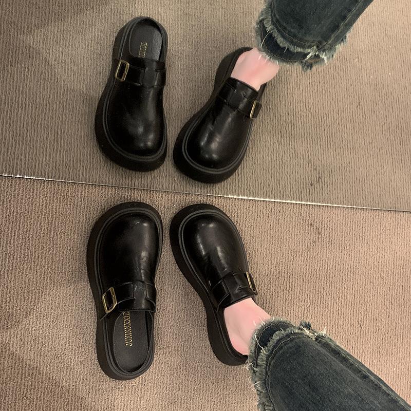 Leather Bag Head Half Slippers Women's Outer Wear Autumn New Muffin Platform Shoes Casual Skirt Single Shoes