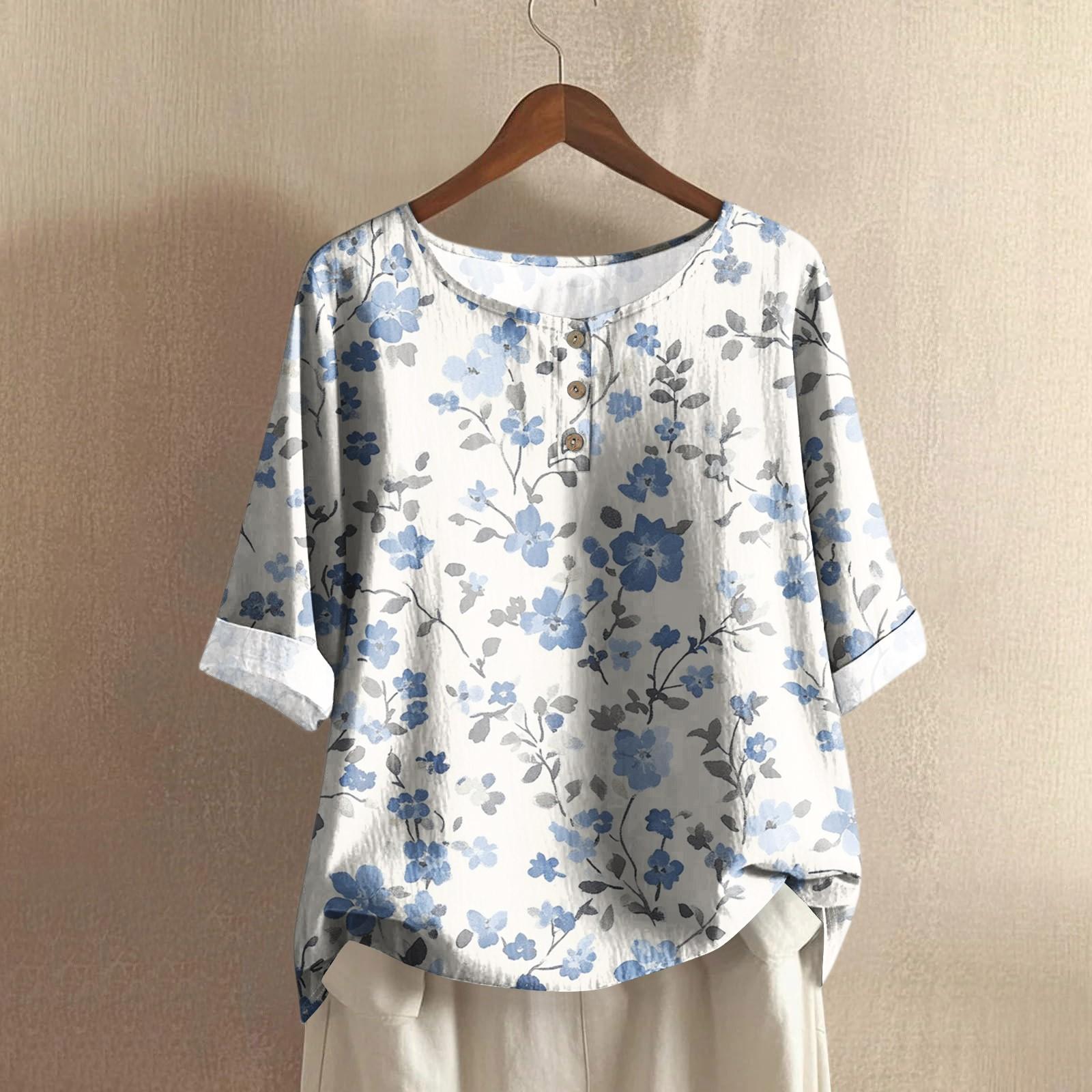 

Women s Casual Mid-sleeve Round Neck Retro Floral Print Cotton And Linen Top L
