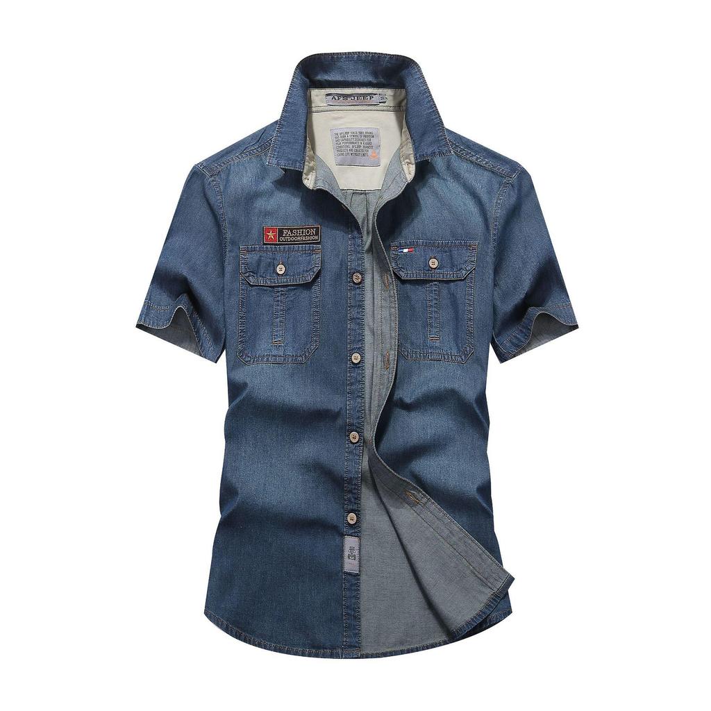 Camicia di Jeans Estiva Sottile da Uomo Camicia da Lavoro in Cotone a Maniche Corte da Uomo