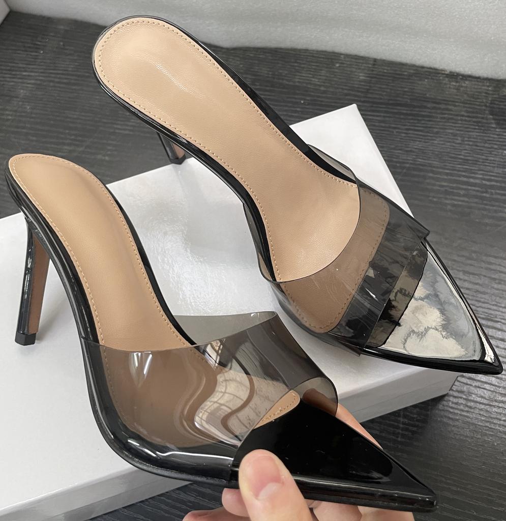 WO Huizhou new European and American women's shoes simple nude transparent one-word high heels thin heels pointed not tired feet versatile