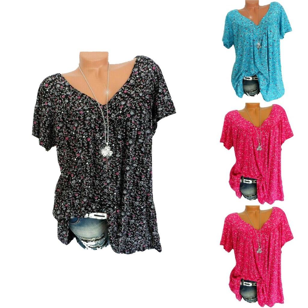 Stylish Women V Neck Floral Tee T-shirts With Plus Size Options For Summer Comfort