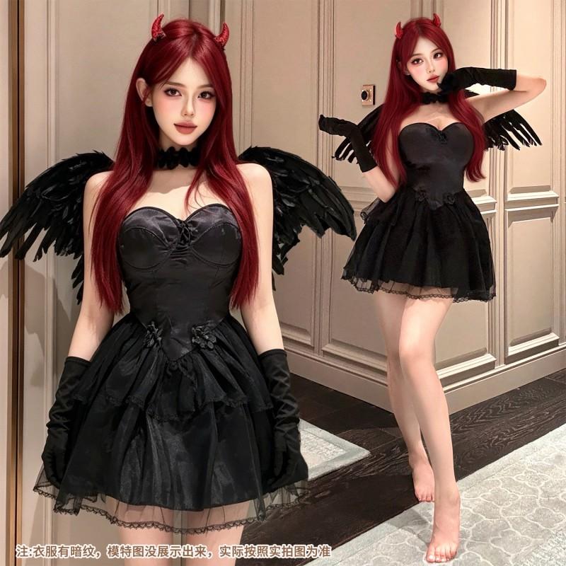 Damen Gothic Halloween Kostümkleid Mit Flügeln Halsstück Handschuhe Engel Oder Dämon Thema Cosplay Outfit