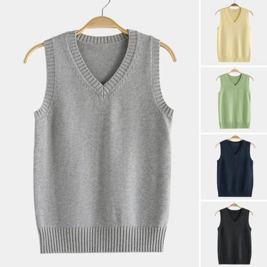 Damen Strickweste V-Ausschnitt Ärmellos Rippenbesatz Einfarbig Weste Tops Herbst Winter Lockere Passform Strickmode