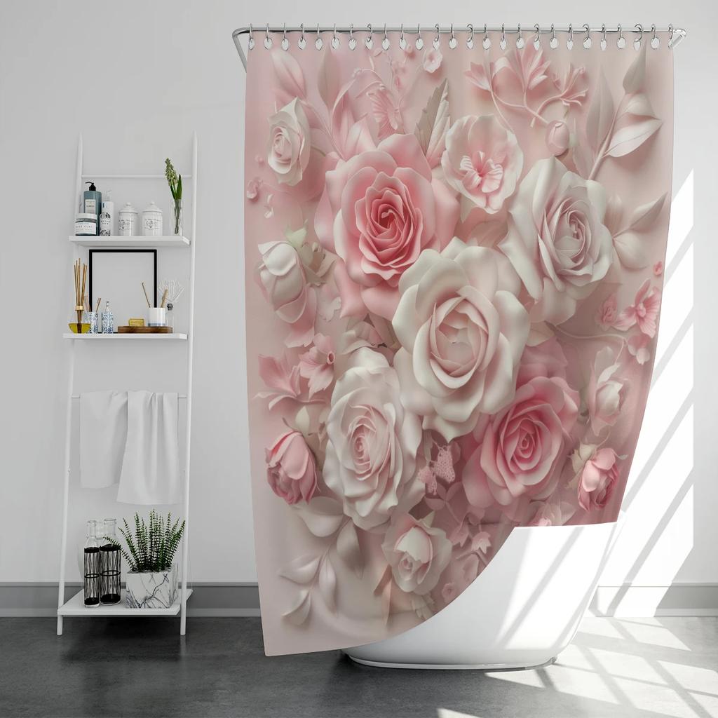 1PC 3D floral pattern printed shower curtain, with 12 hooks, suitable for bathroom showers, bathtub, home use