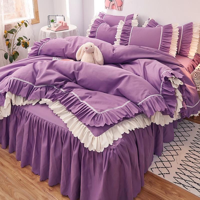

Pink Lace Ruffle Bedding Set Luxury Bed Skirt Sheet Bedspread Korean Duvet Cover Girls Princess Bedspread Pillowcases Skirt Bed Sheet&for 1.5m bed 3pcs фиолетовый