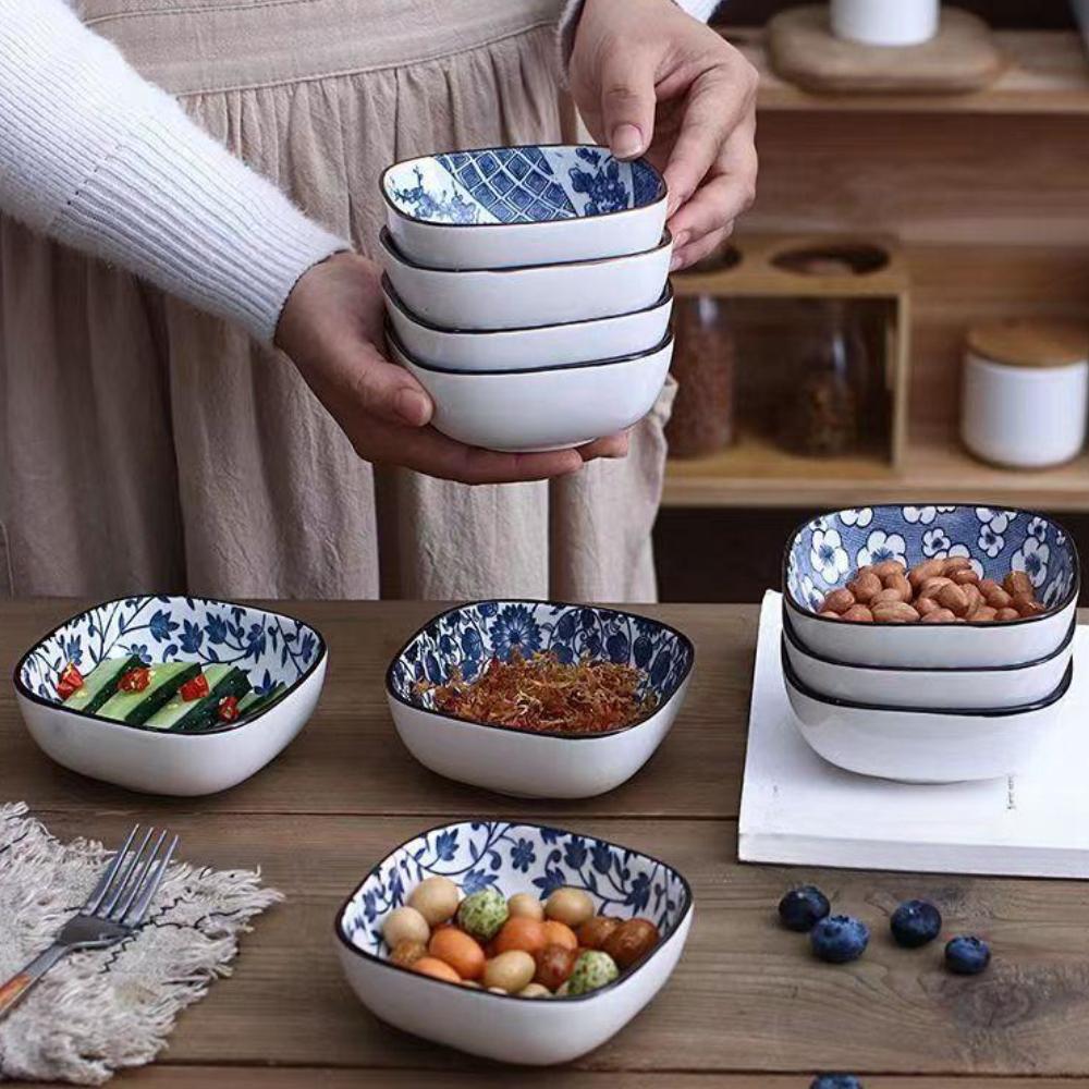 4/6pcs Ceramic Japanese Square Sauce Plates Blue and White Porcelain Sushi Platestomato Sauce and Mustard Container Bowls, Appet