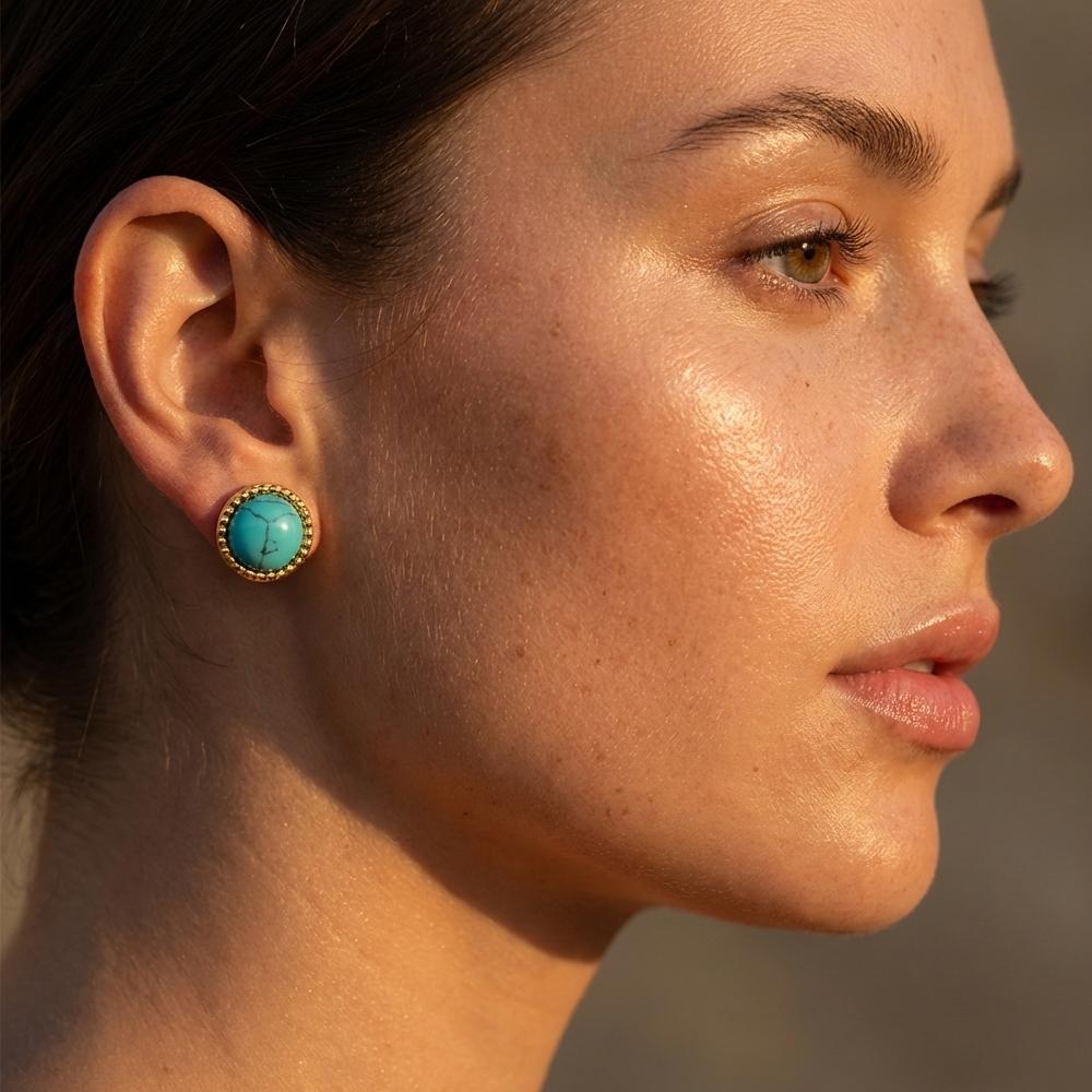 Bohemia Round Turquoise Small Stud Earrings Vintage 18K Gold Color Stainless Steel Jewelry for Women Girl Summer Fashion Gift