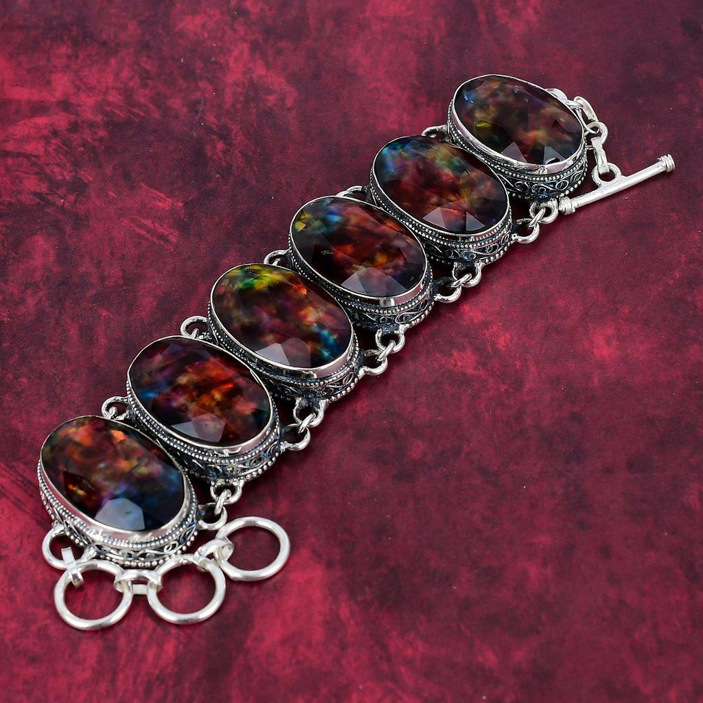 Ammolite Bracelet Gemstone Jewelry, 925 Solid Sterling Silver Bracelet, Adjustable Handmade Chain Bracelet Gift For Wife Jewelry