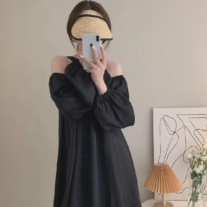 Koreanisches schulterfreies Neckholderkleid: Süßer, locker sitzender Strandrock für Frühling/Sommer