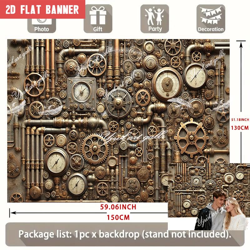 2D Flat Party Backdrop Banner - Large Steampunk Theme with Gears, Pipes & Vintage Clock