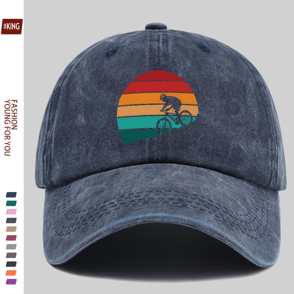 Retro Cycling Sunset Graphic Baseball Cap Washed Cotton Adjustable Sports Outdoor Hat
