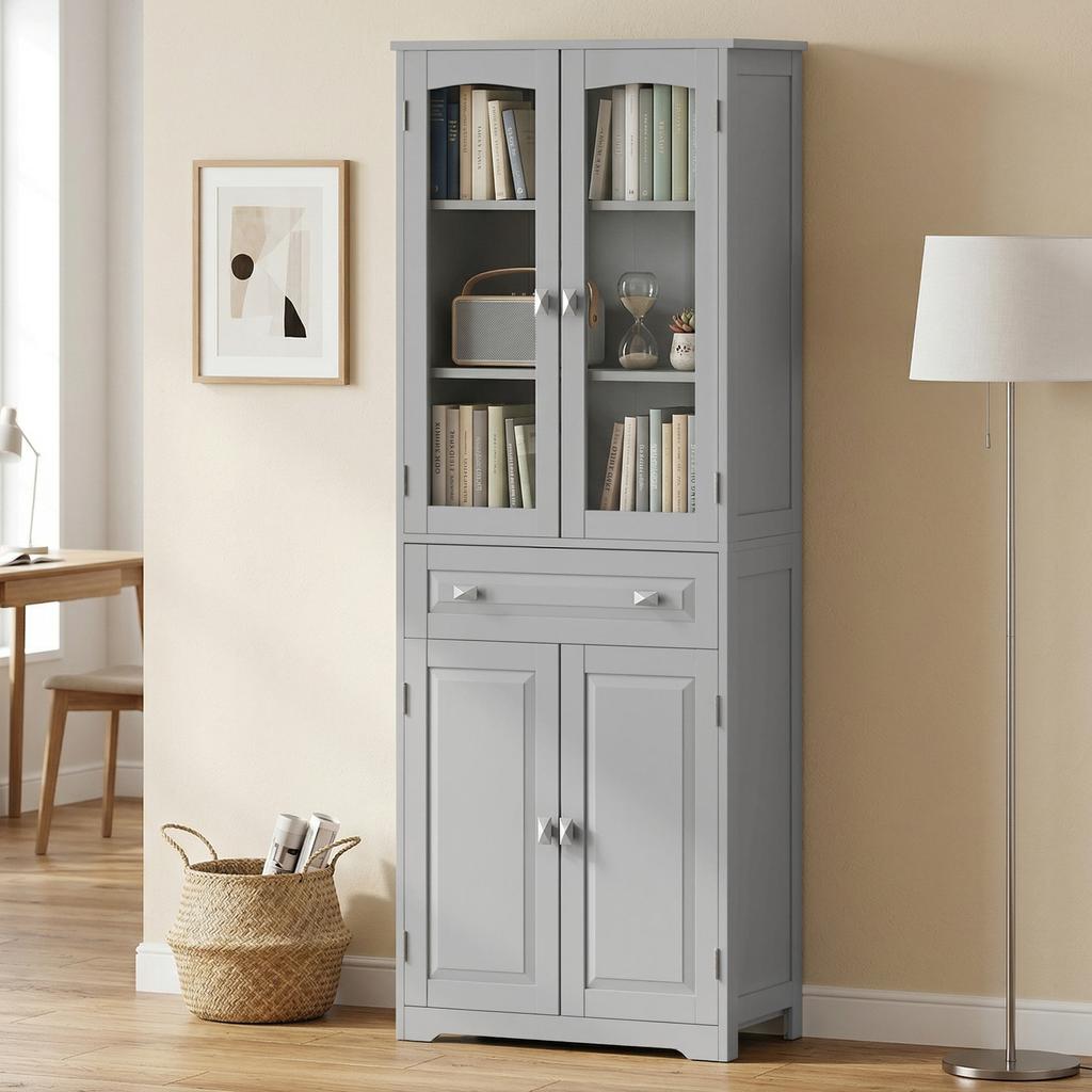 Freestanding Kitchen Cupboard, Storage Cabinet with 2 Adjustable Shelves, Drawer and Glass Door for Living Room, Grey