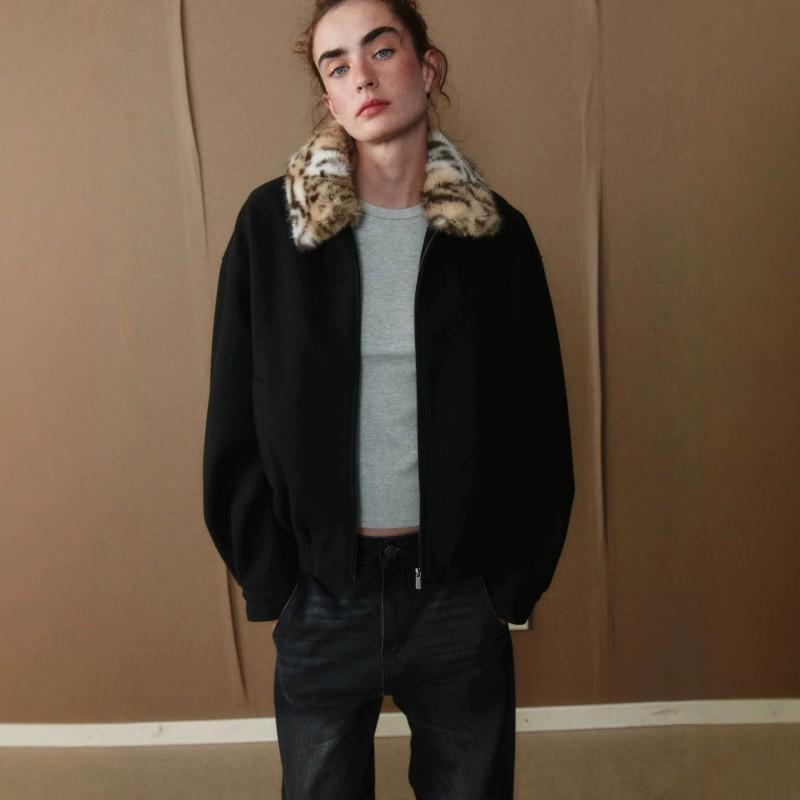 Vintage Leopard Print Wool Blend Jacket Women Loose Fit Drop Shoulder Short Bomber Coat
