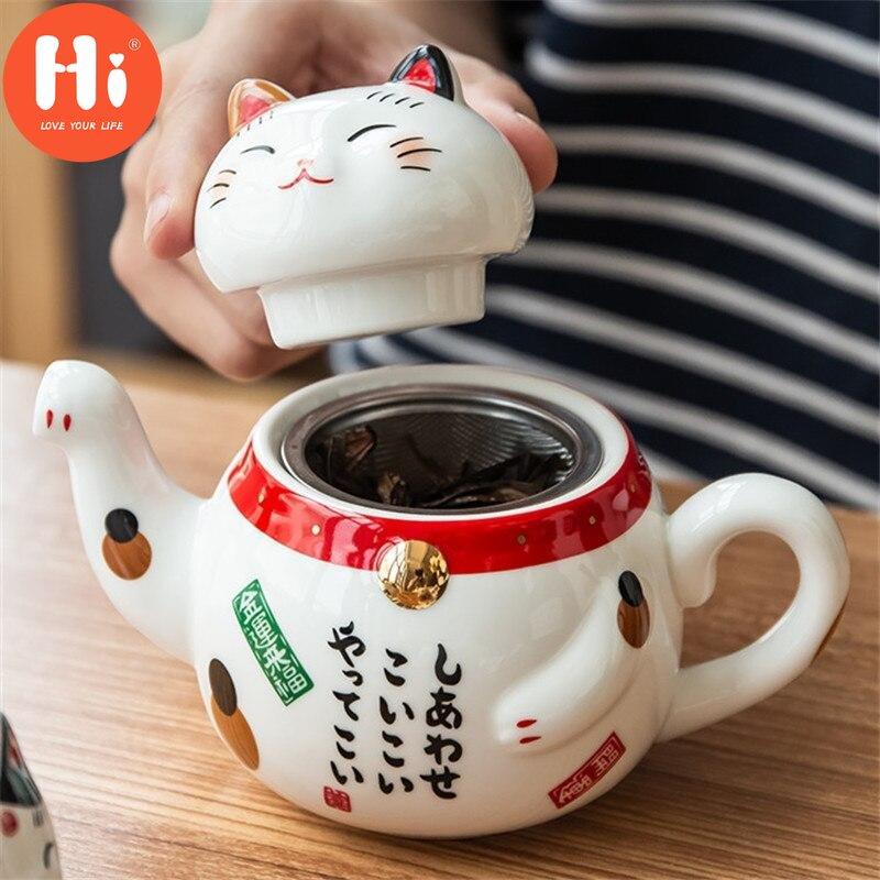 Hi Cute Japanese Lucky Cat porcelánová čajová sada Kreativní Maneki Neko keramická konvice na čaj se sítkem Kancelářský hrnek na čajovou konvici na vodu