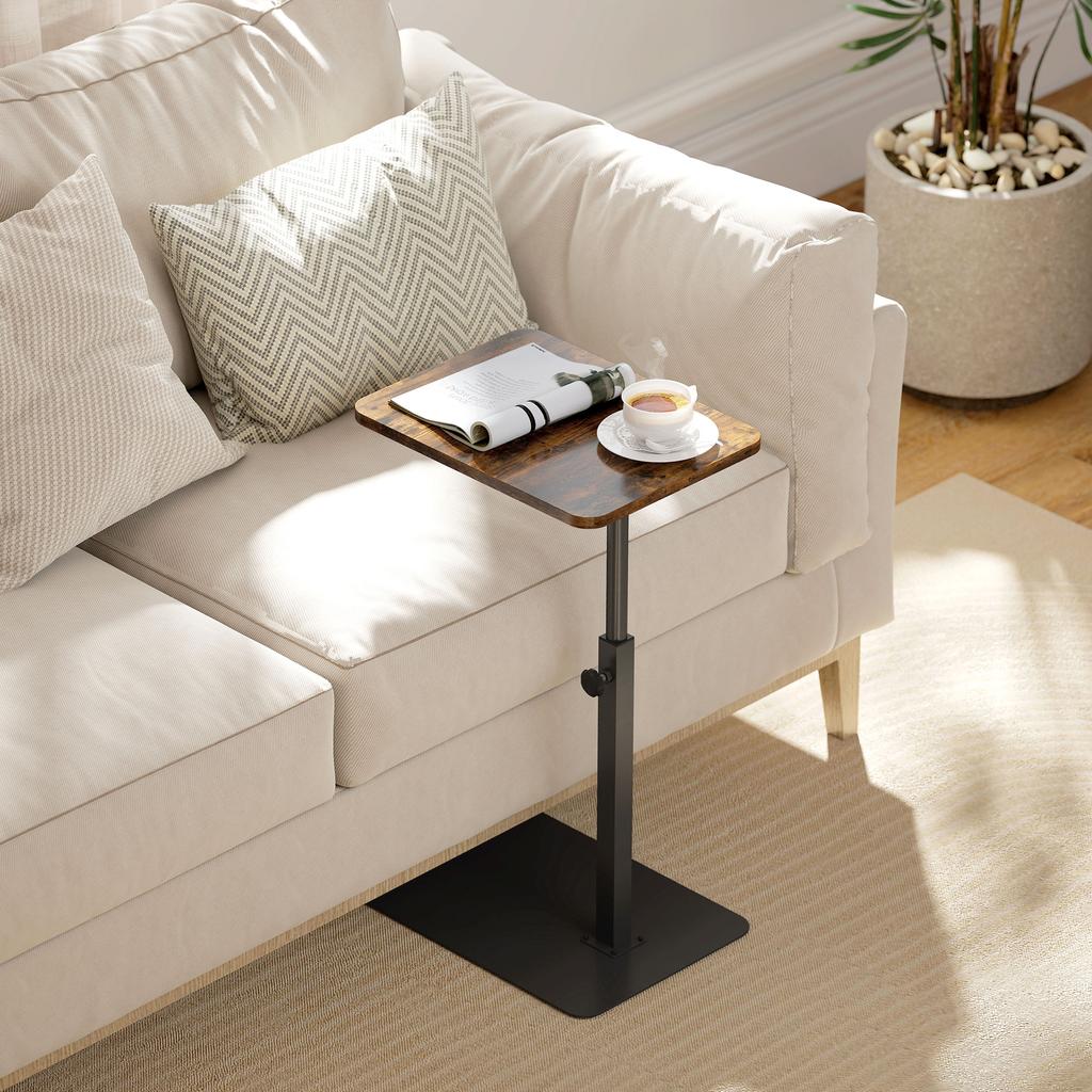 C Shaped Side Table, Small End Table with Adjustable Height and Metal Base for Living Room, Bedroom, Rustic Brown
