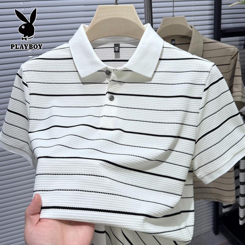 PLAYBOY Men s Striped Lapel Polo Shirt 4XL