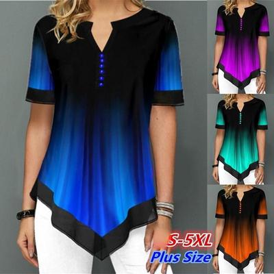 2020 Trend Summer Women's Fashion Casual Short Sleeved Striped Printed Round Neck Button Shirt & Blouses Chiffon Irregular Tunic Tops